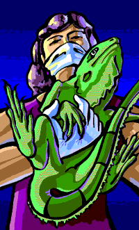 Rita in Mask and Gloves with Iguana